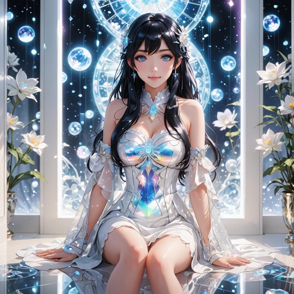 Anime Waifu in Hologram Lit Fantasy Room