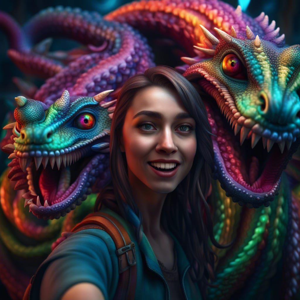 Girl's Selfie with Smiling Rainbow Hydra
