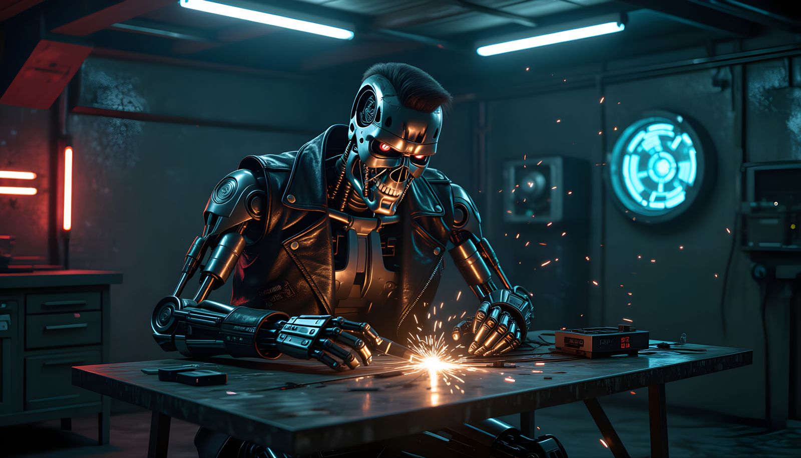 Battle-Scarred T-800 Terminator Self-Repairs in Cyberpunk Bu...