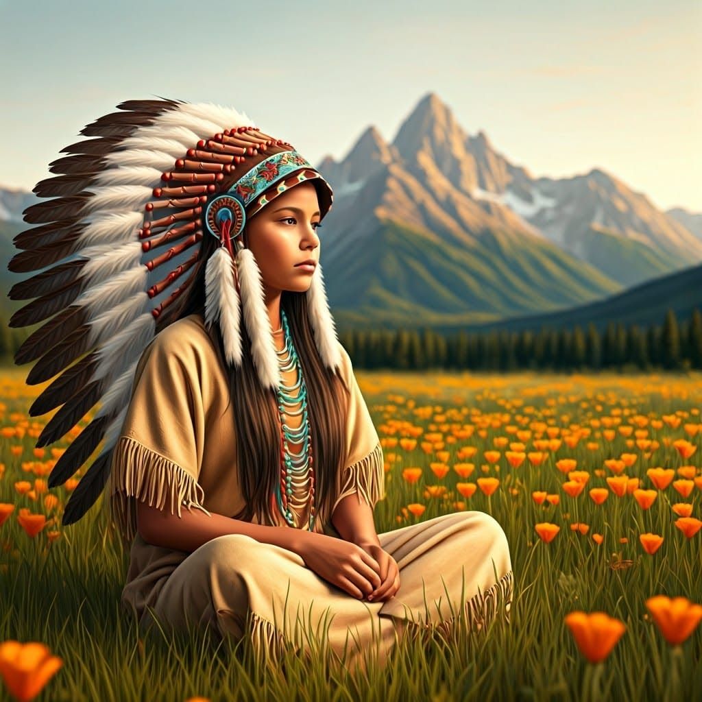 Native American Girl in Field of Wildflowers
