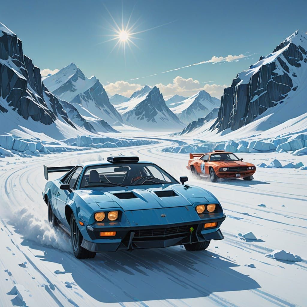 Hyper-Realistic Racing Scene in Antarctic Landscape