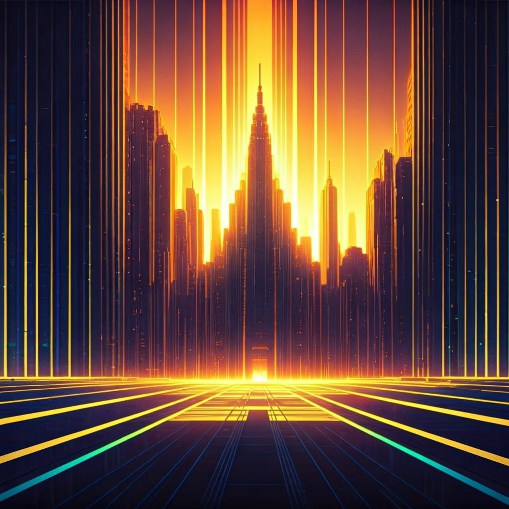 Glowing UV Ink Cityscape in Art Deco Style