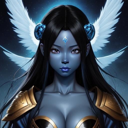 Anime Blue-Skinned Angel Woman Portrait
