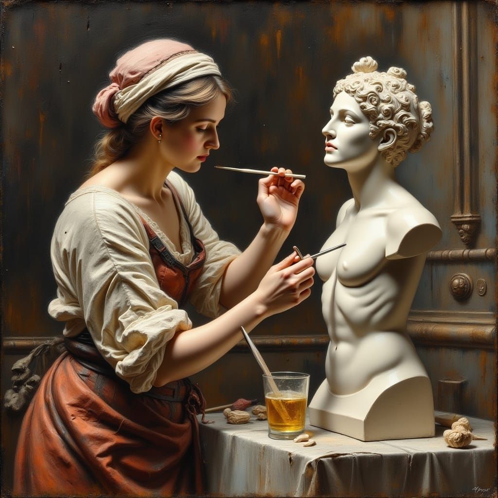 Female Sculptor Creates Marble Statue: Impasto Oil Painting