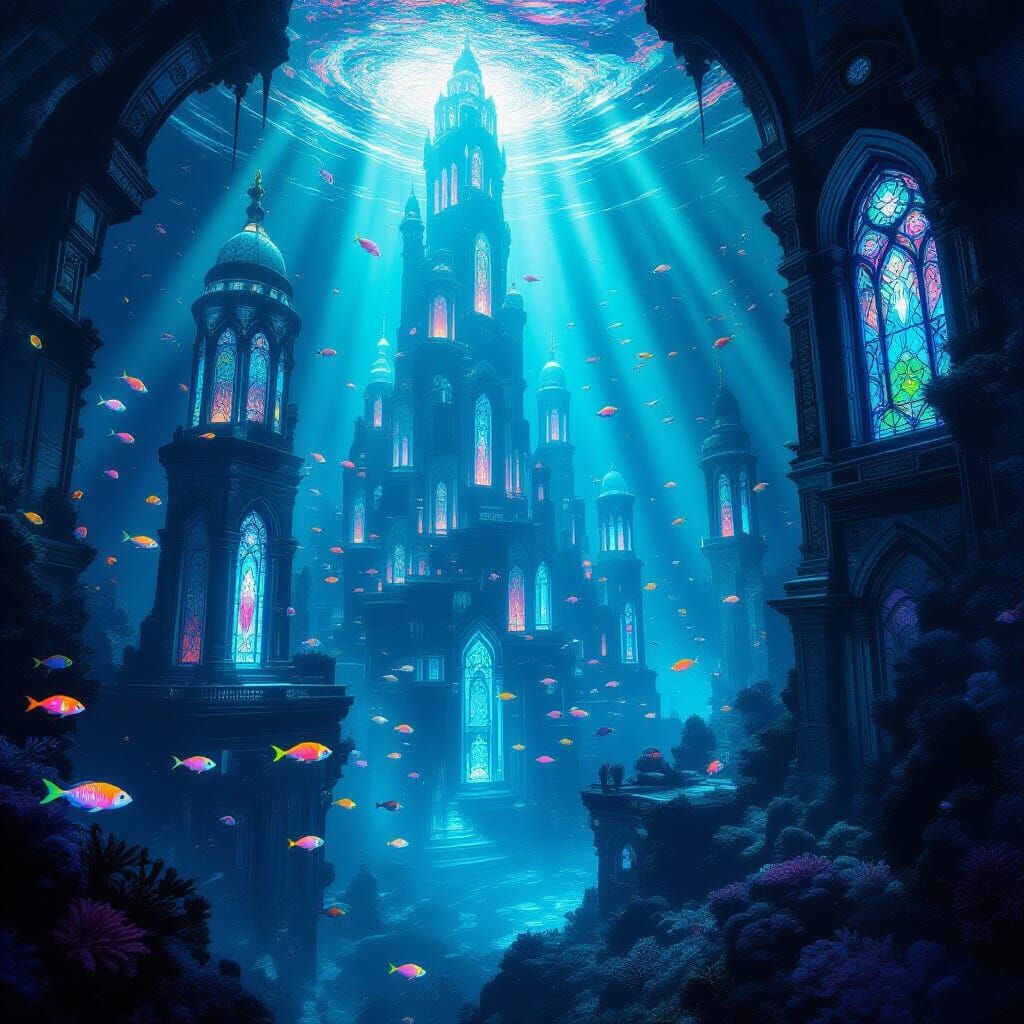 Bioluminescent Coral City in Deep Sea Ruins