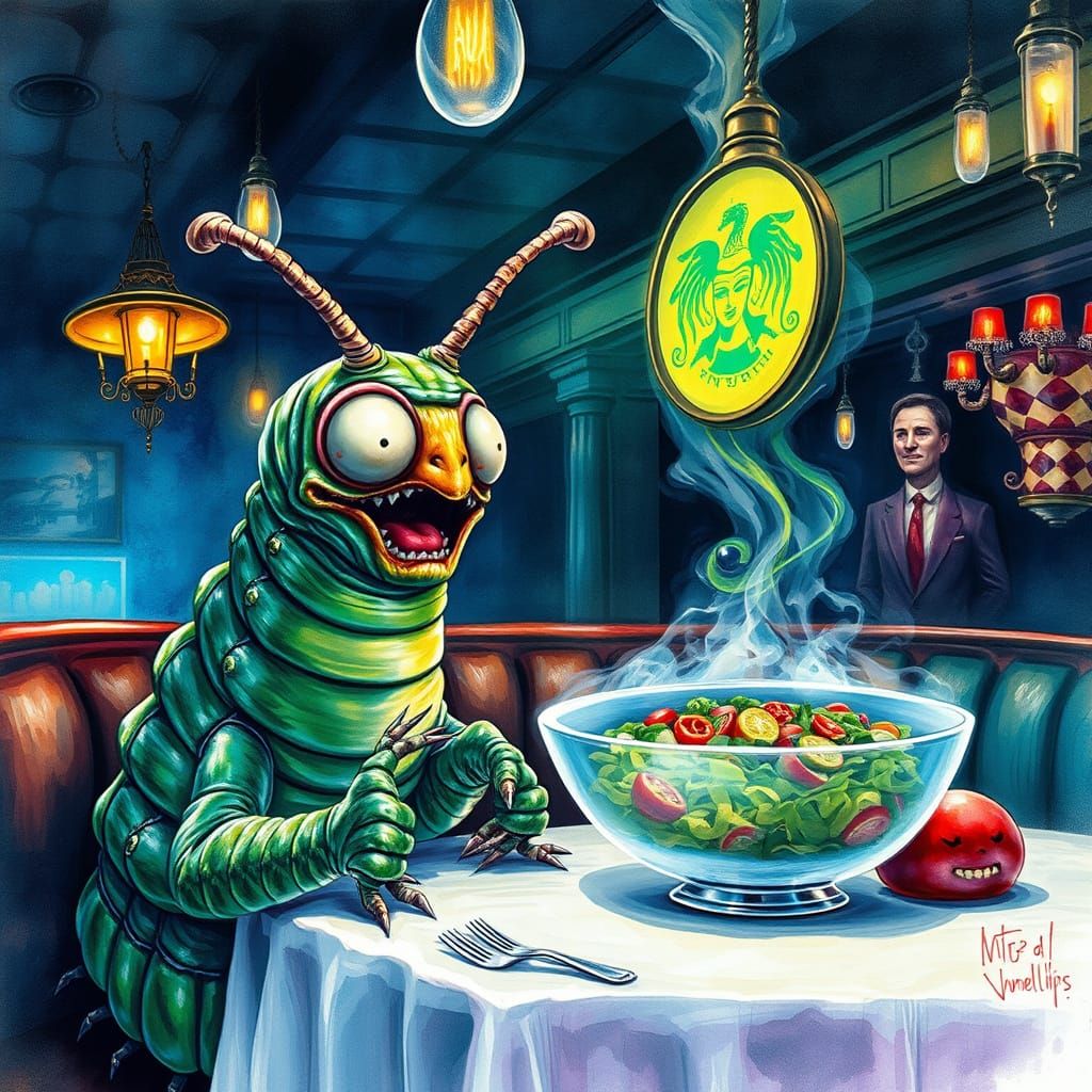 Anthropomorphic Caterpillar's Salad Dream: Digital Illustrat...