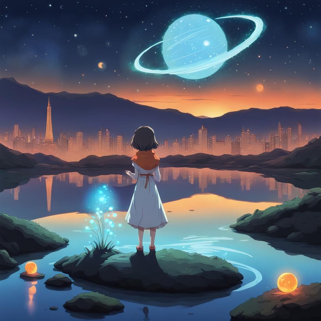 Ghibli-Style Alien Landscape with Magical Girl