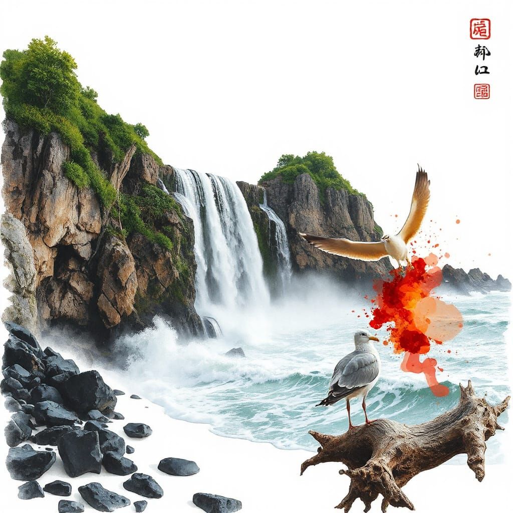 Surreal Coastal Waterfall in Ethereal Stylization