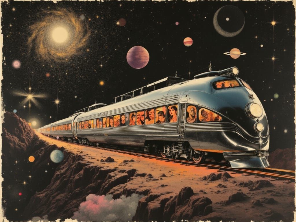 Retro-Futuristic Train Journey Through Cosmic Wonders