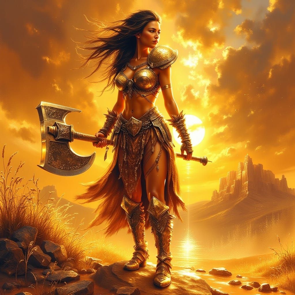 Vibrant Desert Warrior in Frazetta-Inspired Style