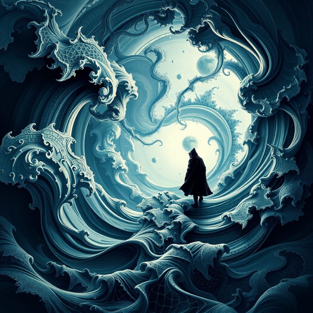 Lone Figure Enters Fractal Vortex of Forbidden Knowledge