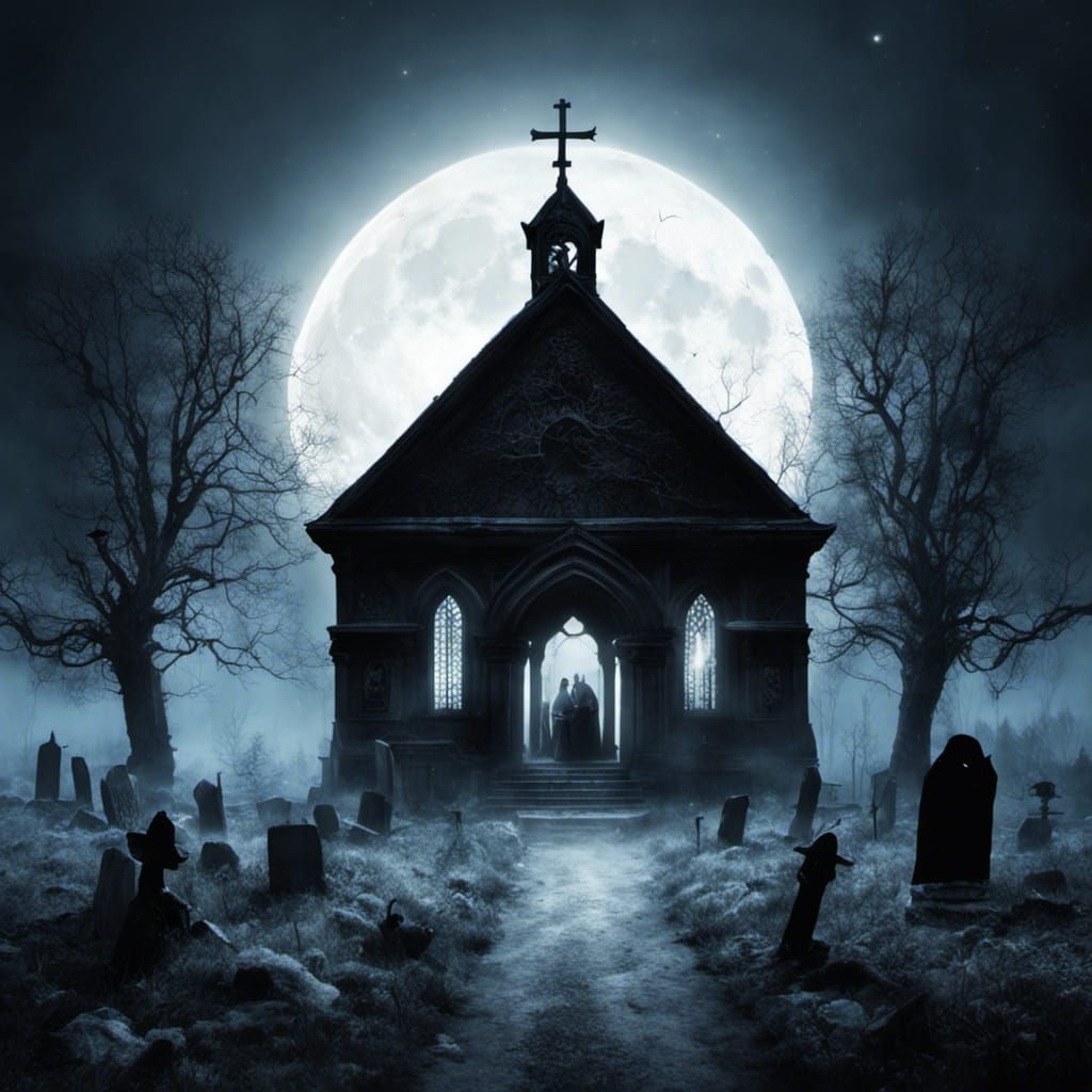 Haunted Church Ceremony Under Moonlight in Gothic Style