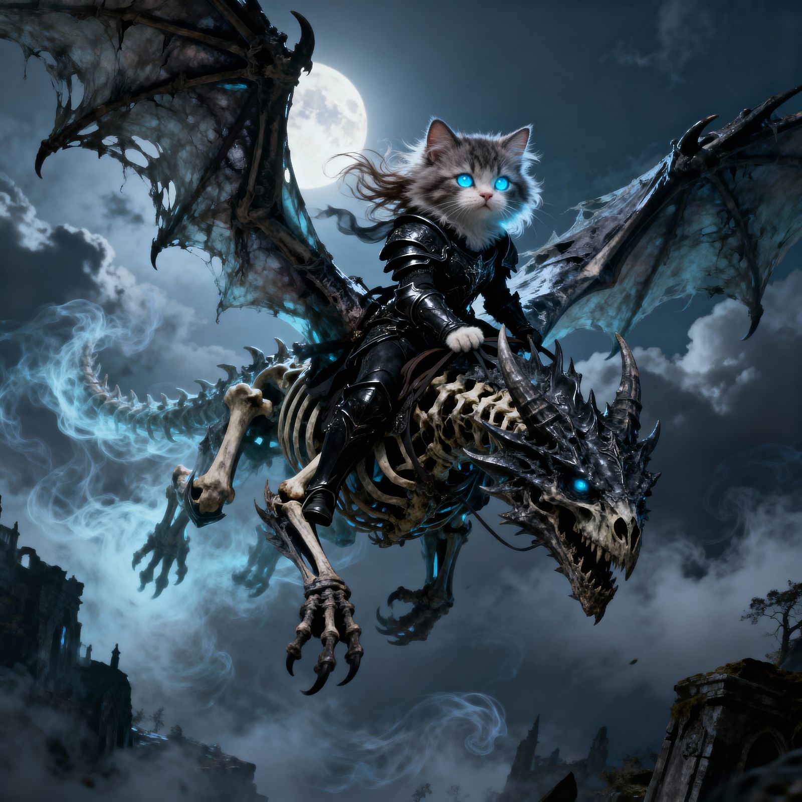 Kitten Death Knight Rides Undead Dragon in Epic Fantasy