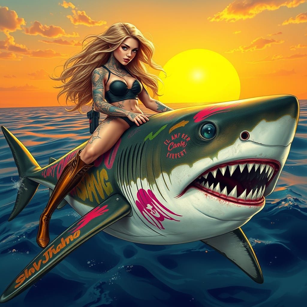 Woman Rides Graffiti Shark in Digital Painting Style