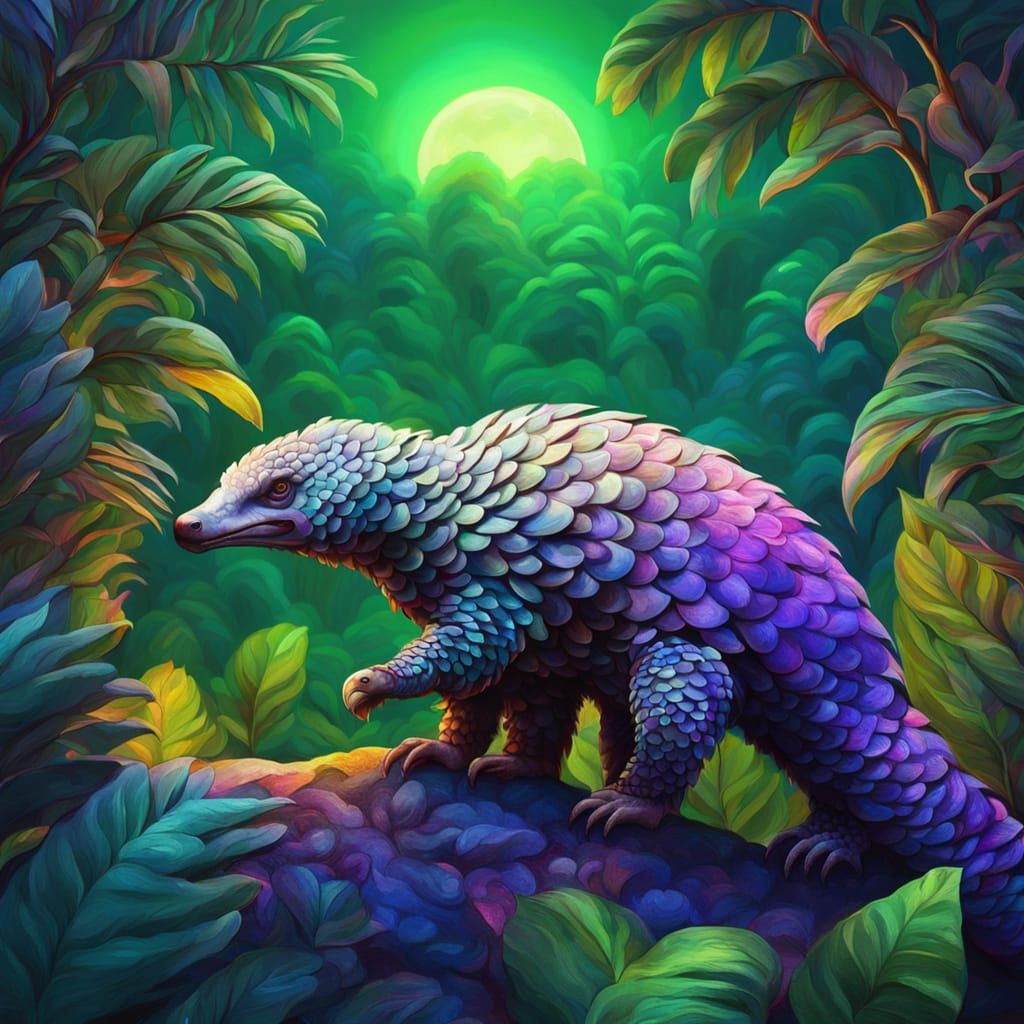 Pangolin in Utopian Sanctuary: A Surreal Oil Painting