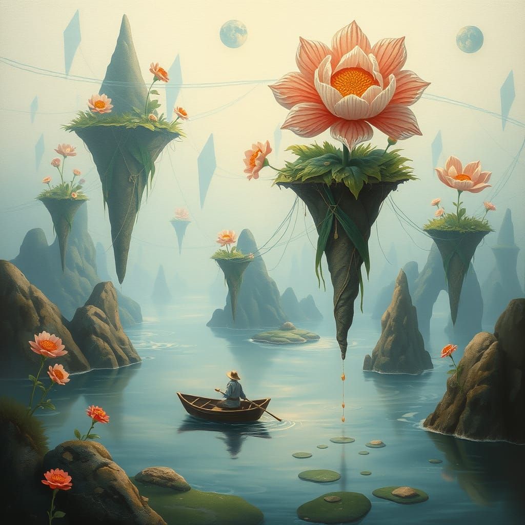 Enchanted Realm: Fisherman Adrift in Surreal Landscape