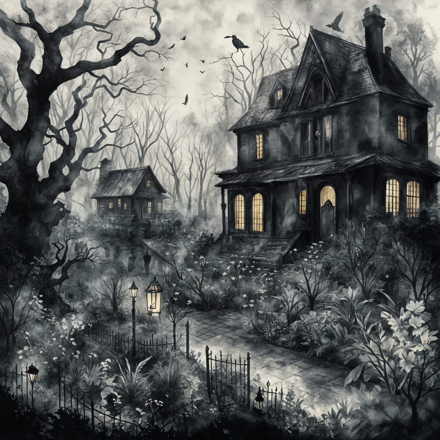 Creepy Garden Portal in Noir Watercolor Style