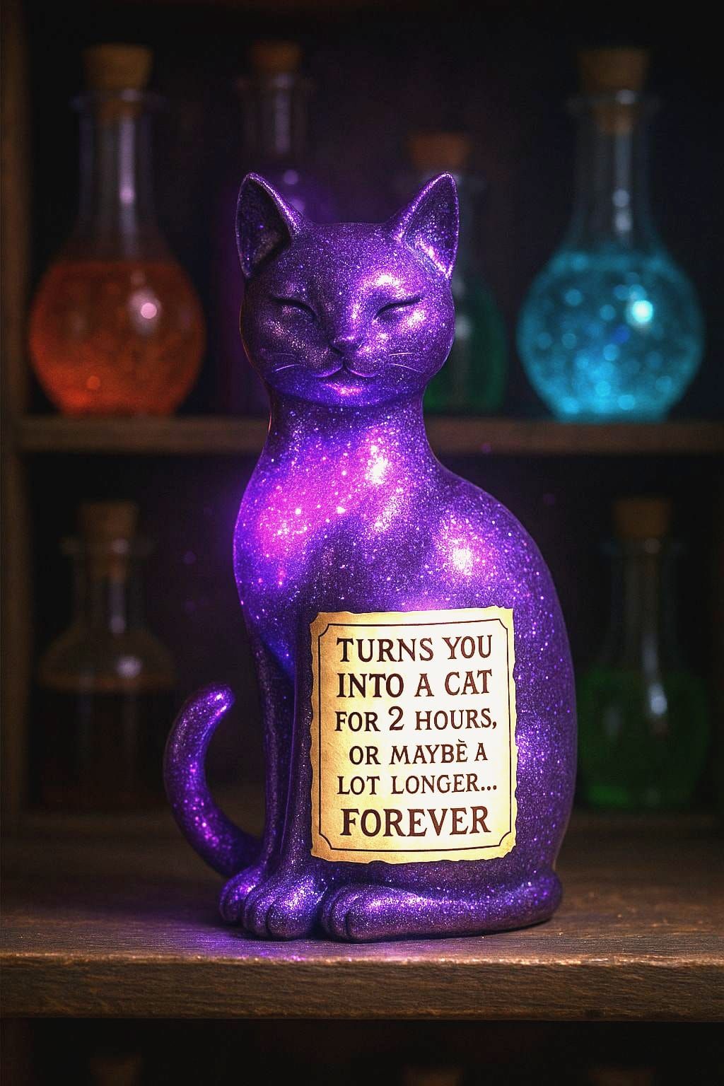 Elegant Cat Potion Bottle in Dark Purple Glitter
