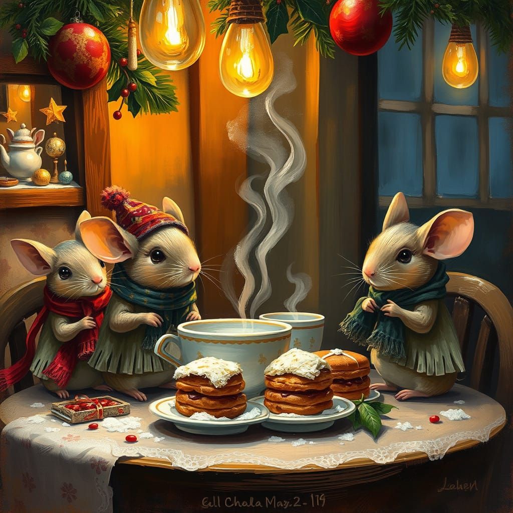 Whimsical Church Mice Christmas in a Cozy Night Cafe
