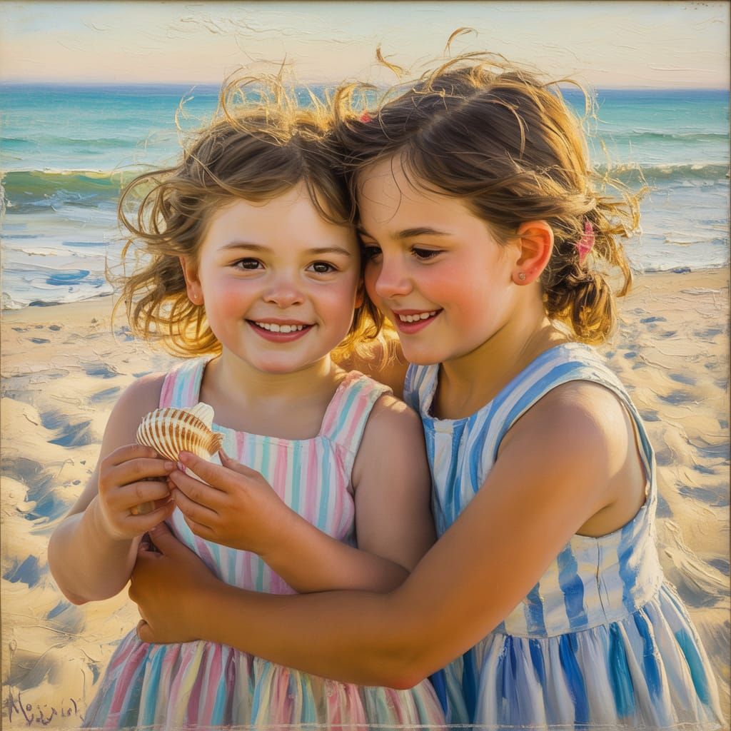 Sisters Embracing on Sun-Drenched Beach, in Neo-Impressionis...