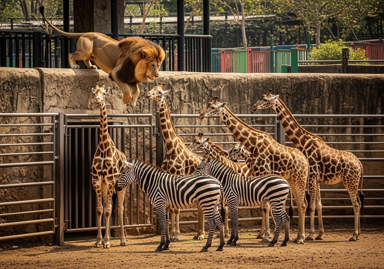 Starving Zoo Animals Leap Towards Lion