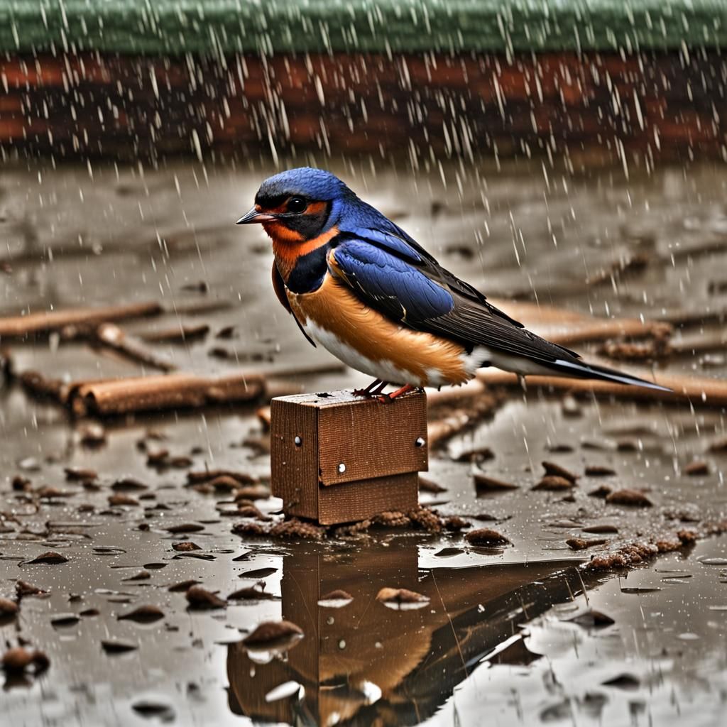 Barn Swallow in Rainy Town: Digital Art Photo