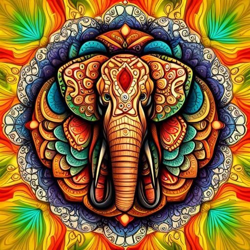Colorful Elephant Mandala with Abstract Fractal Design
