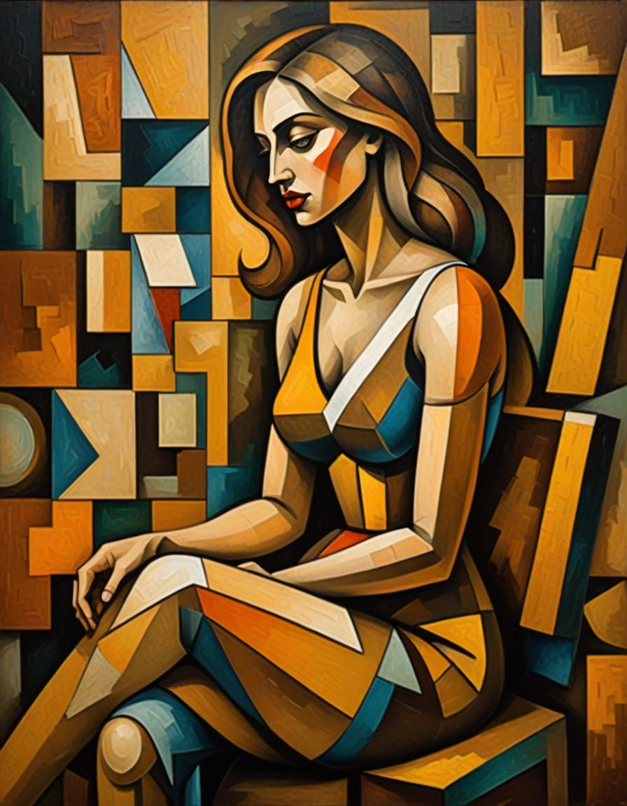 Cubist Woman in Dimly Lit Room, Oil Painting