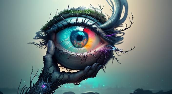 Surreal Eyeball Creature in Cyberpunk Style Digital Watercol...