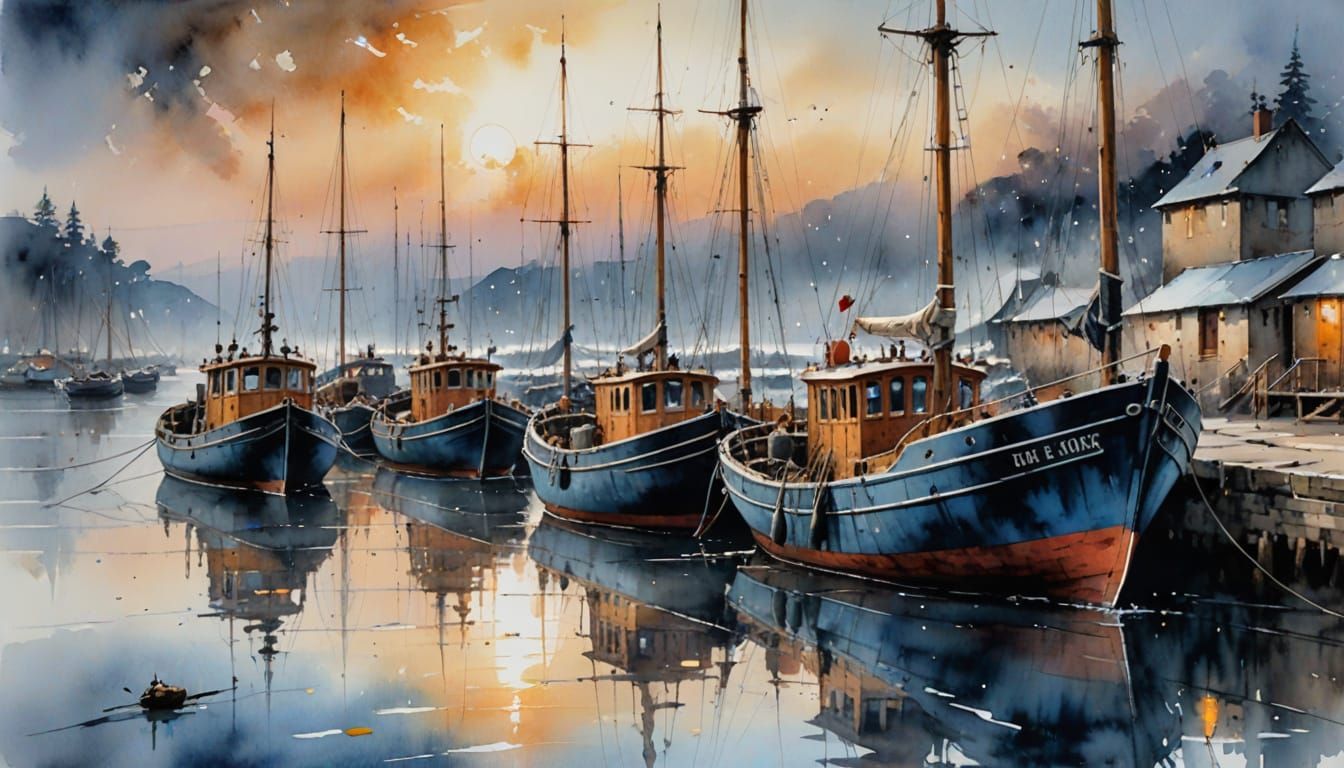 Old Boats Docked at Sunset in Painterly Realism Style