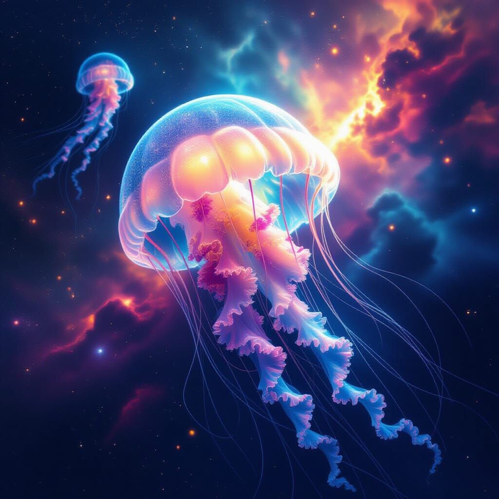 Bioluminescent Jellyfish Drifting Through Nebula