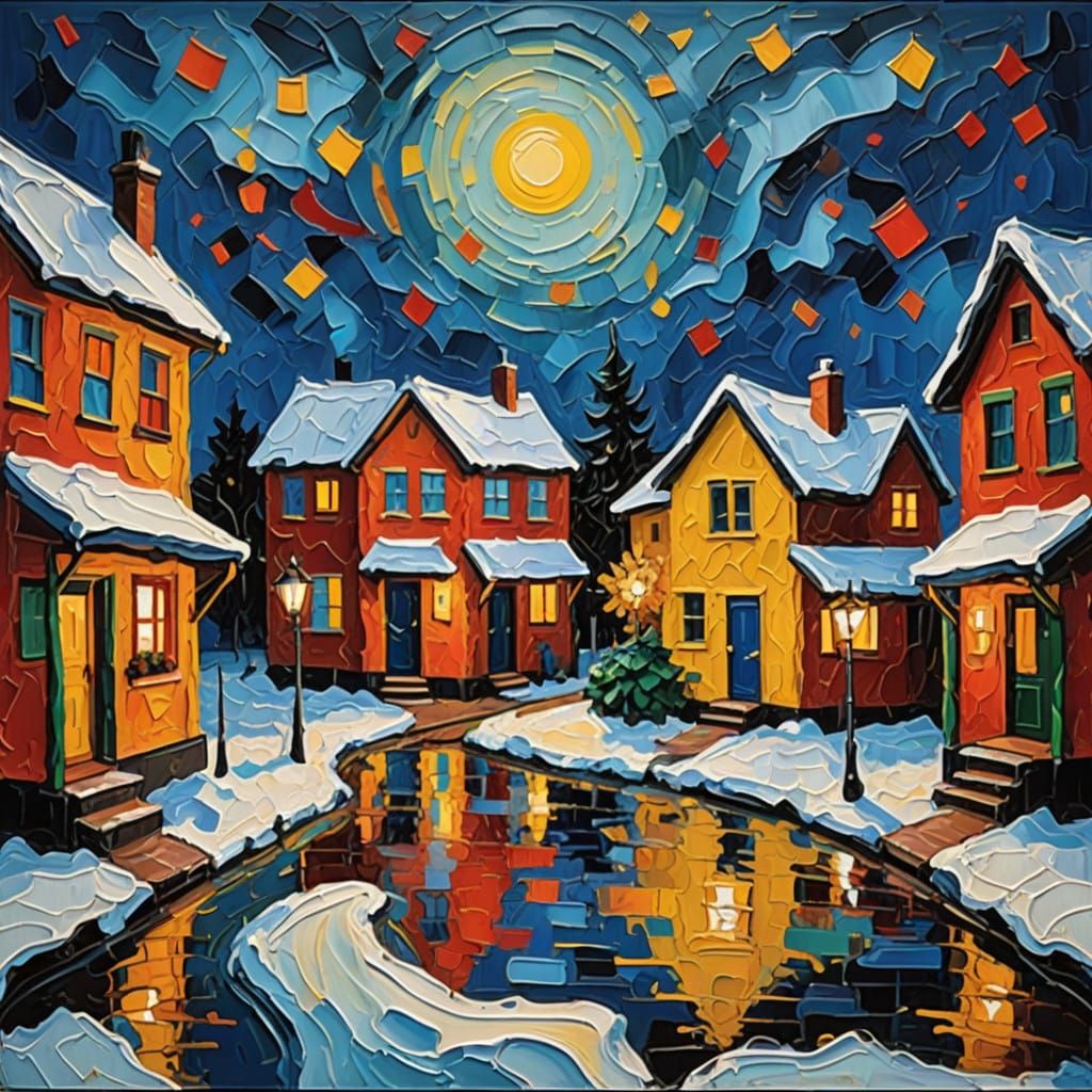 Bustling Winter Wonderland with Neo-Impressionist Christmas....
