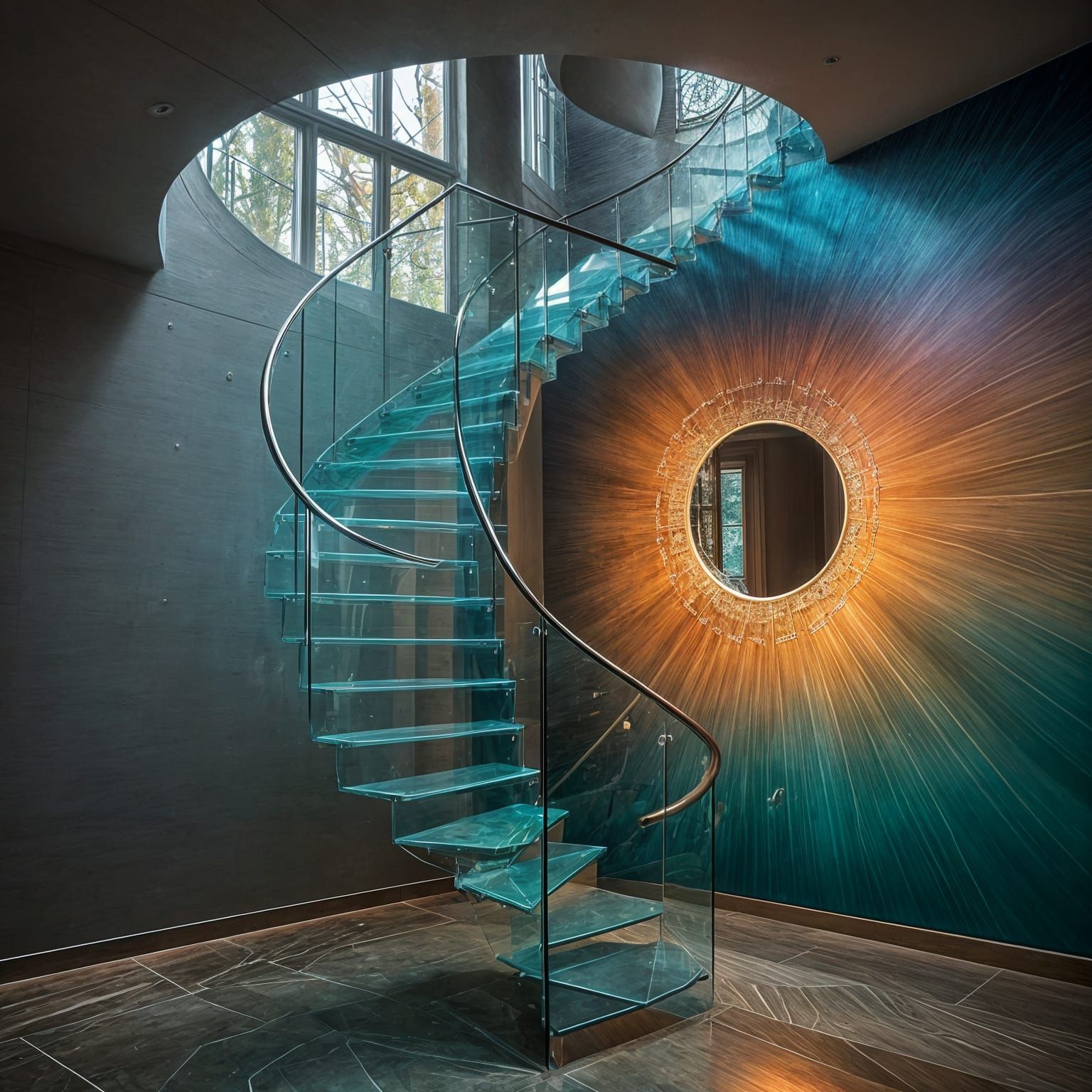 Ethereal Glass Staircase in Surrealist Dreamscape