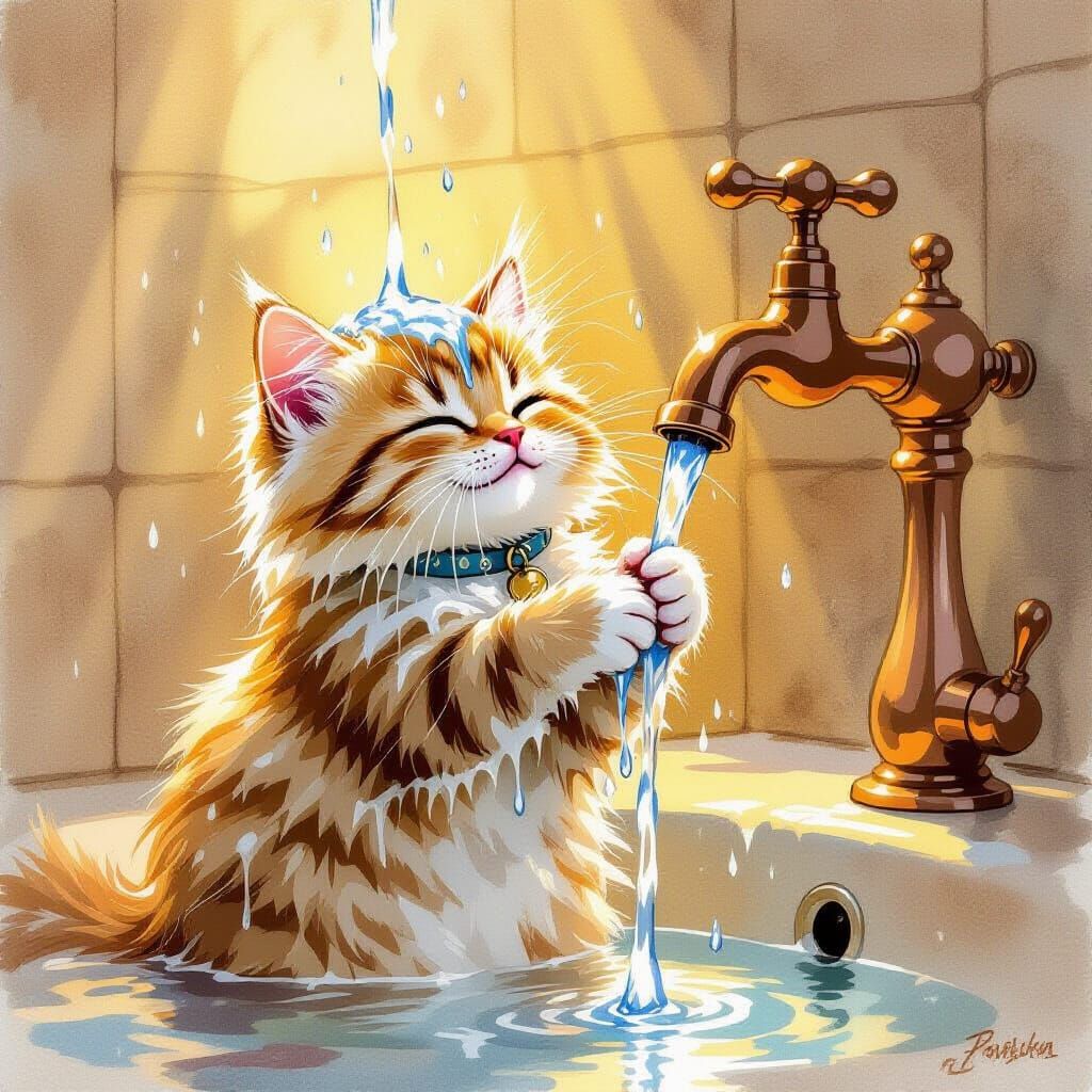 Wet Cat Hugs Tap in Golden Light