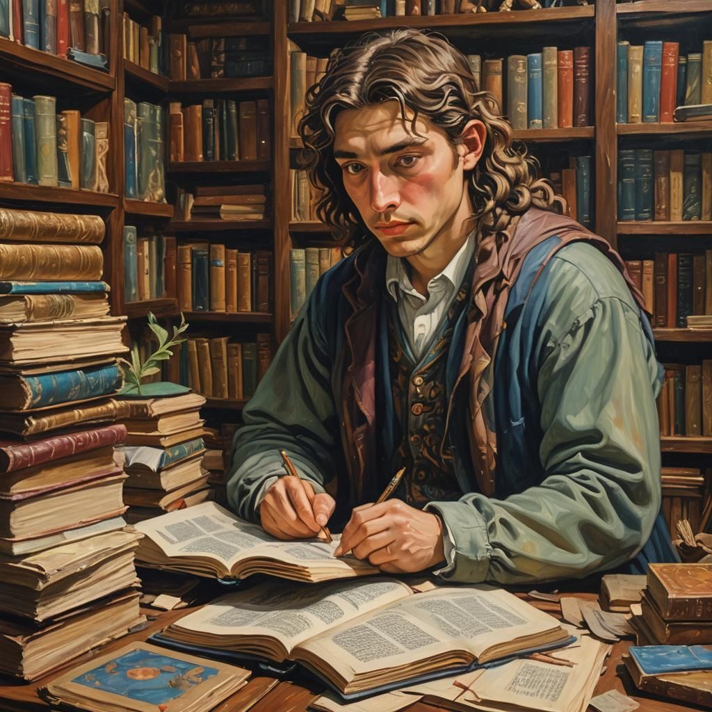 Young Artist Studying Magic: Neo-Impressionist Oil Painting