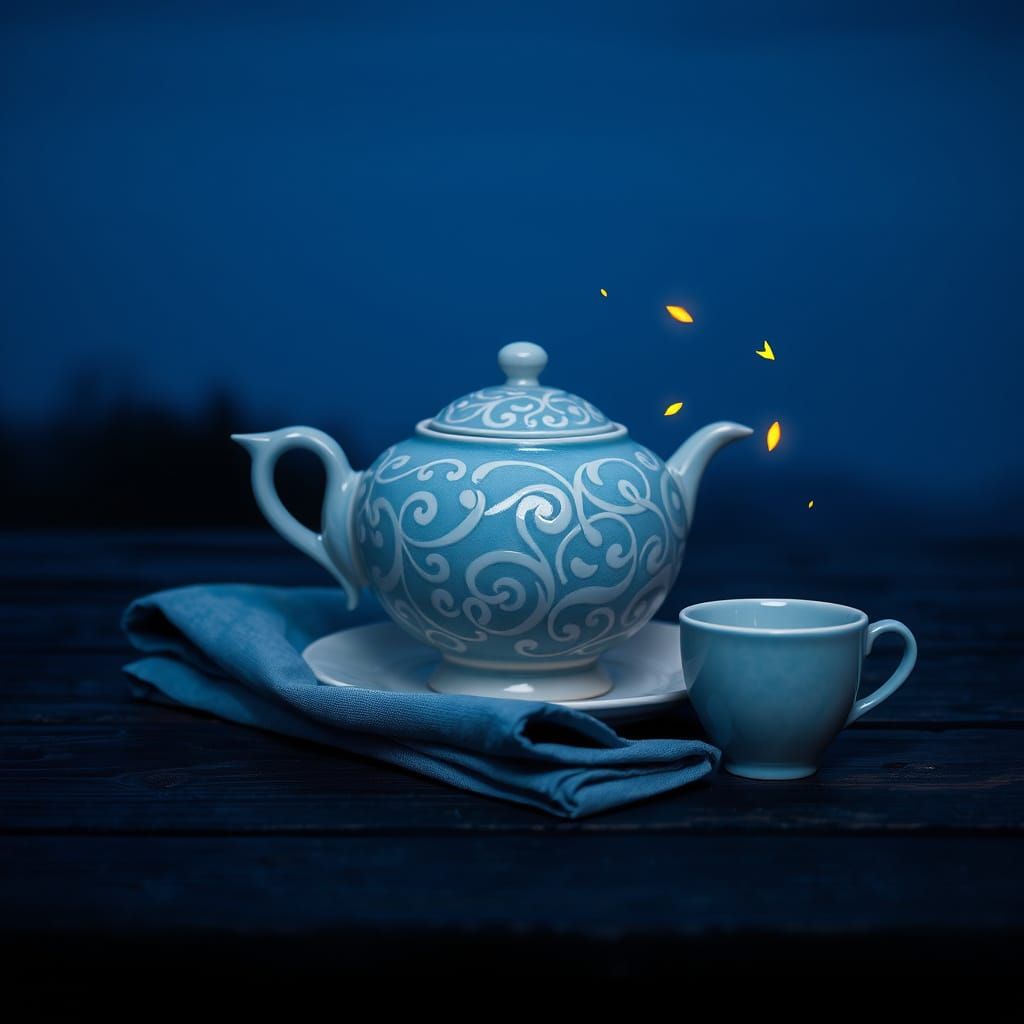 Whimsical Blue Teapot in Twilight Ambiance