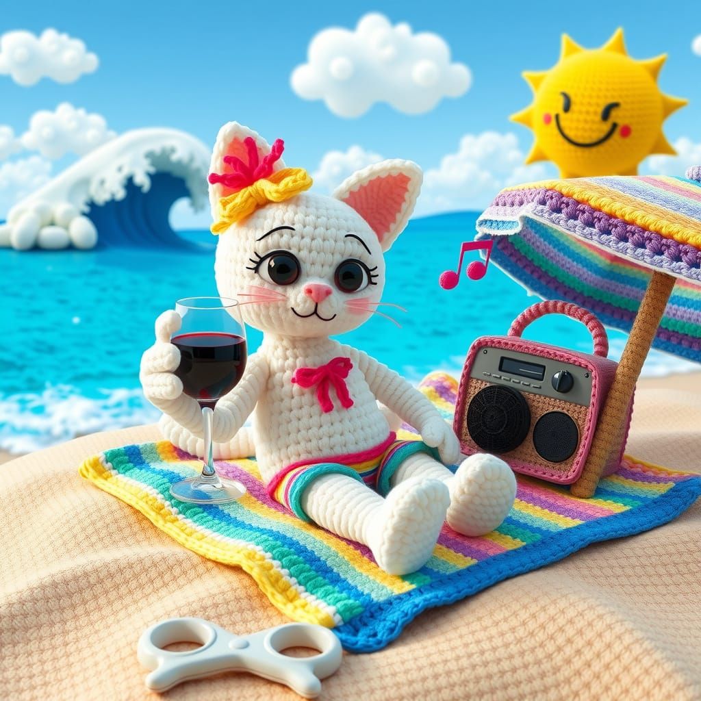 Charming Crocheted Cat Relaxing on Colorful Beach in Vibrant...