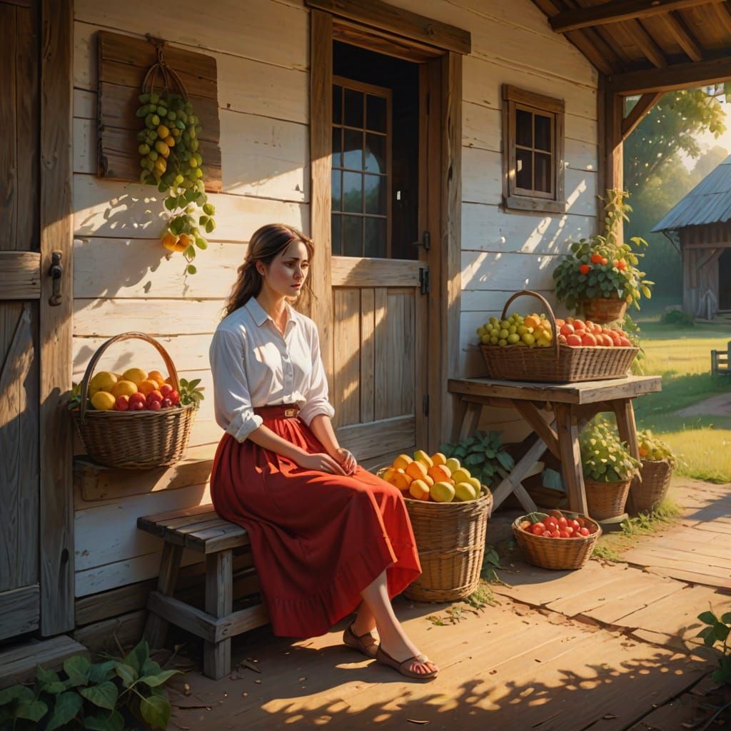 Girl with Fruit Basket in Golden Light: Digital Painting