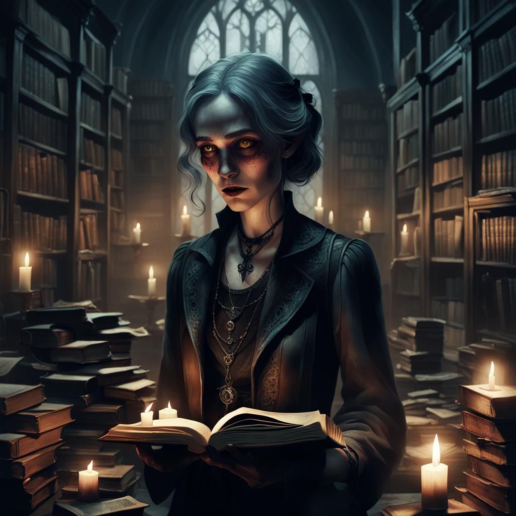 Mysterious Woman with Dark Records in Gothic Library
