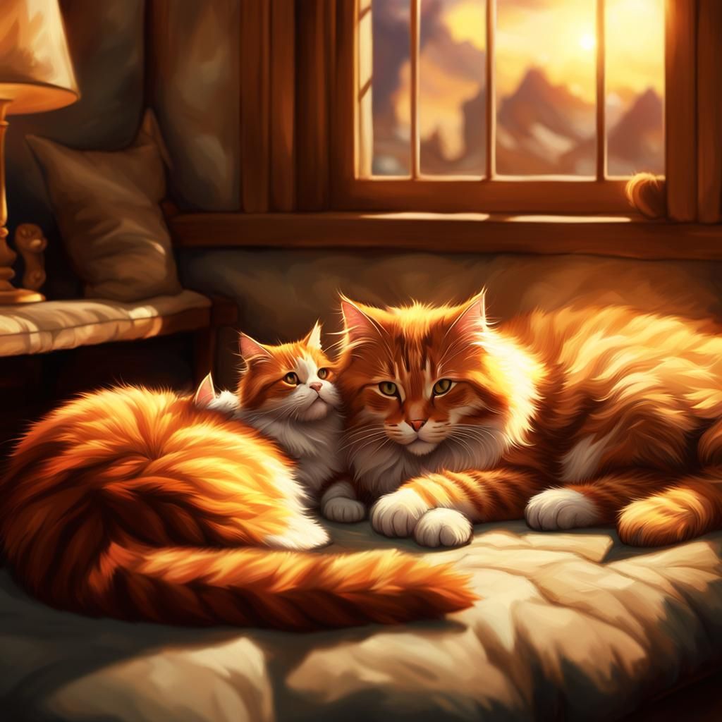 Ginger Cat and Calico Kitten Enjoy Golden Hour