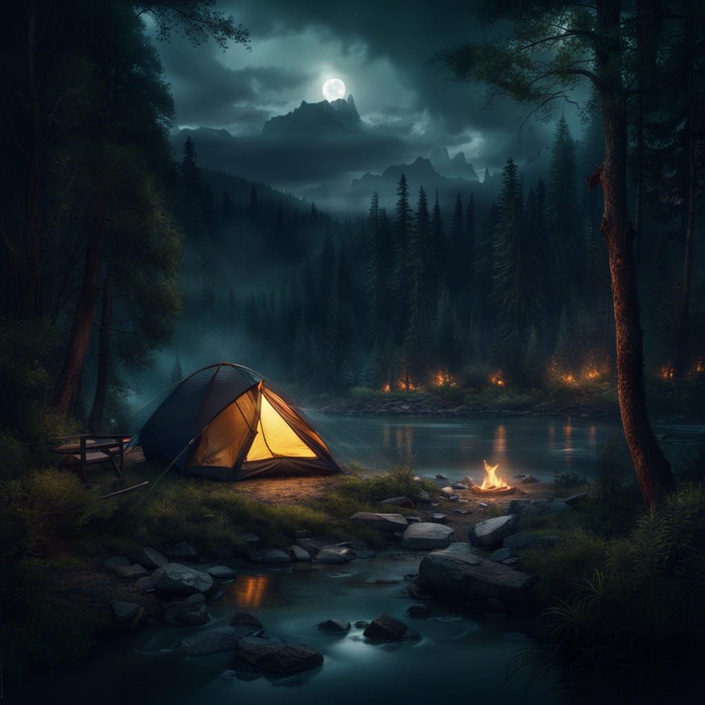 Night Camping by River in Detailed Forest