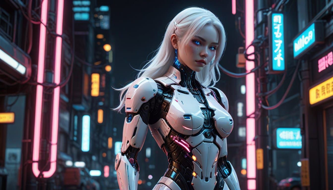 Cyberpunk Gynoid Pinup in Neon Cityscape