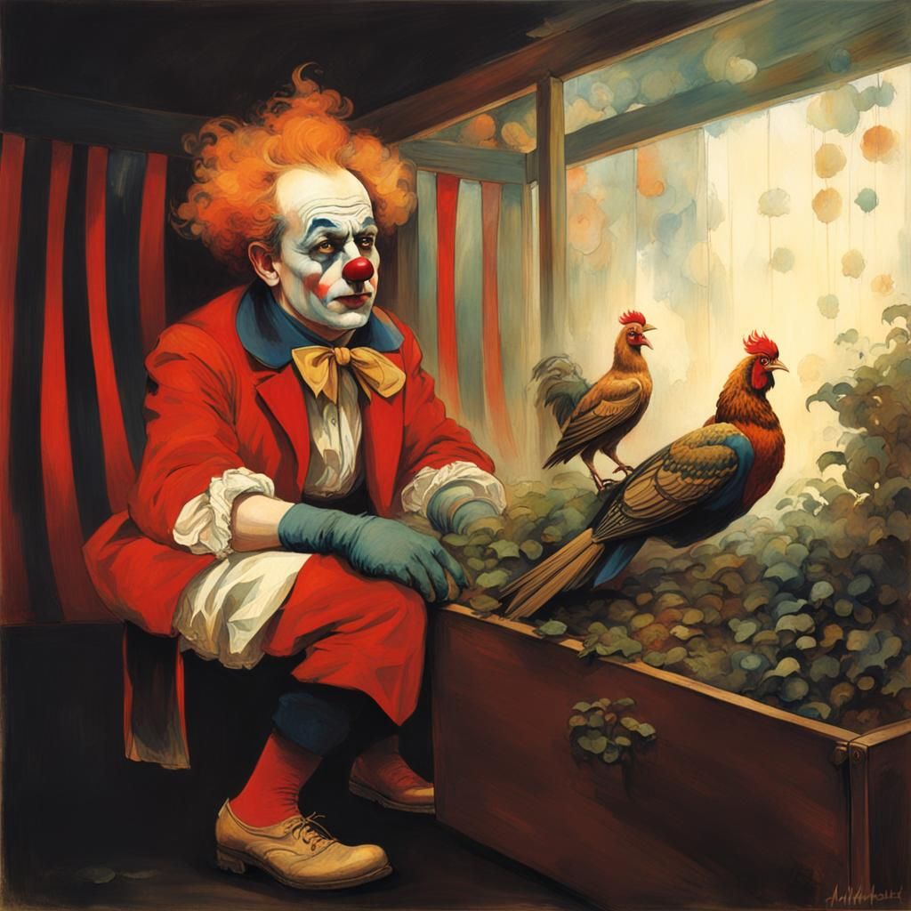 Sorrowful Clown in Circus Terrarium, Mucha Style