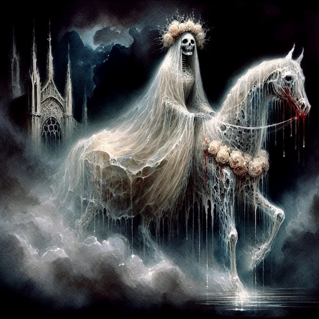 Ethereal Ghost Bride Rides in Gothic Garden