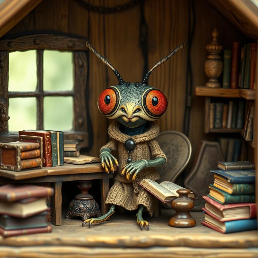 Anthropomorphic Bug in Cozy Cottage, Whimsical Realism