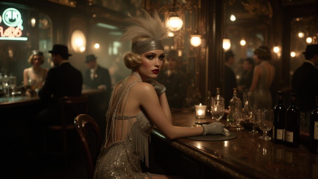 1920s Flapper Girl in Smoky Speakeasy, Film Noir Style