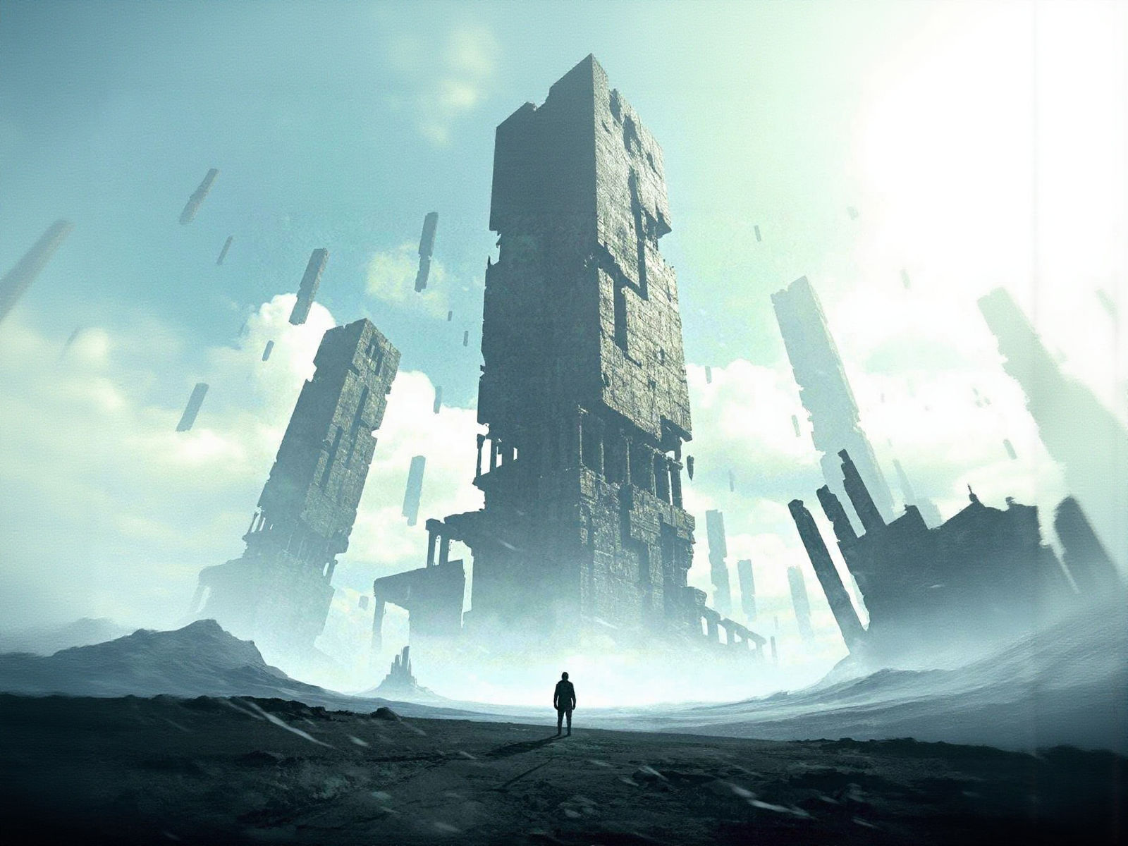 Figure Amidst Ancient Ruins on Windswept Plain