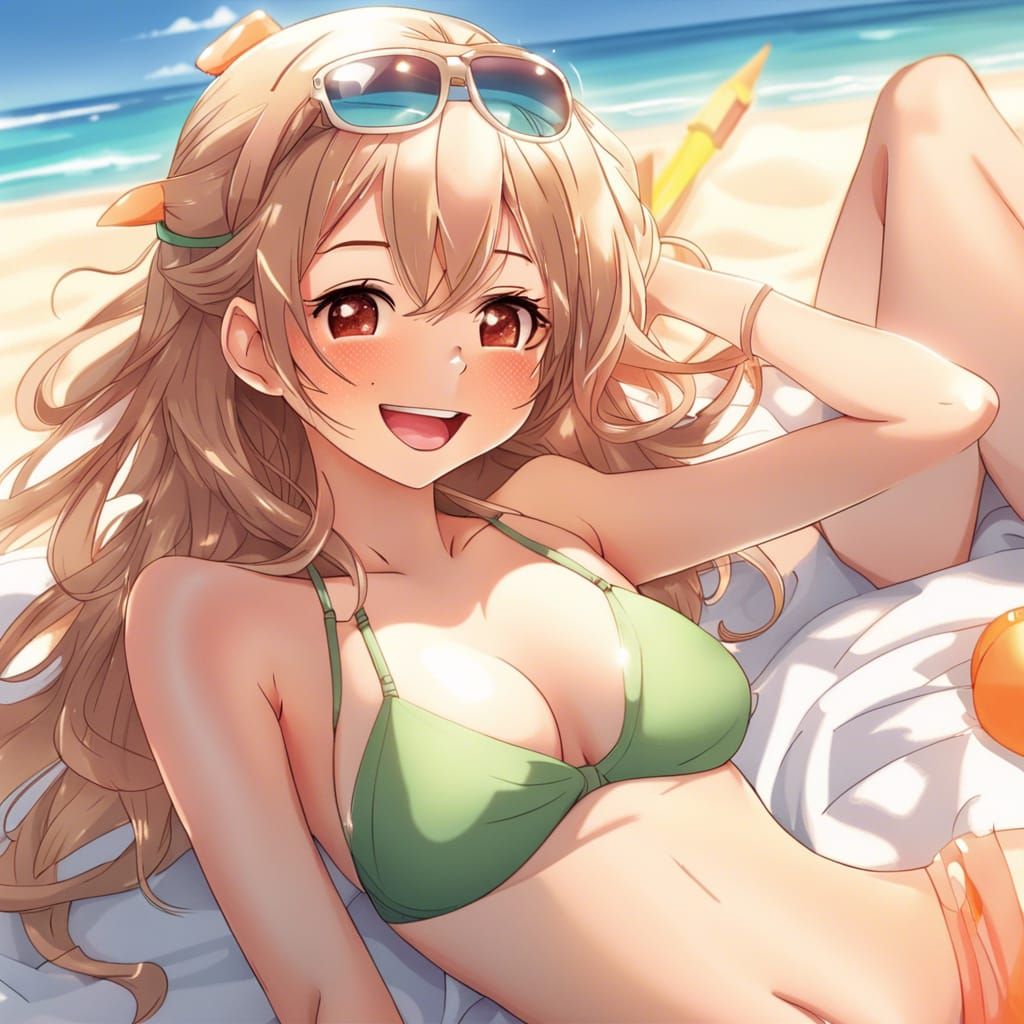 Anime Girl Sunbathing on Beach in Manga Style
