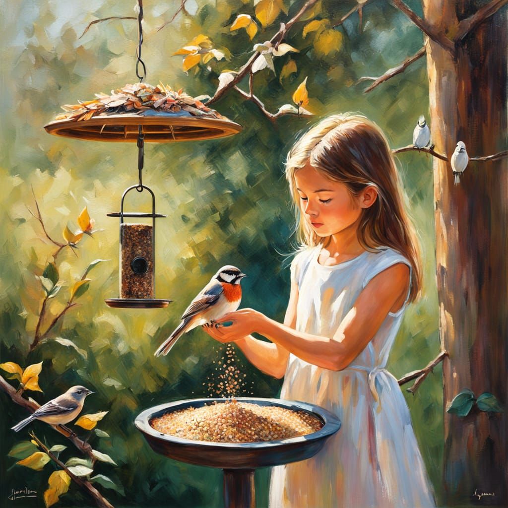 Girl Feeds Birds in Textured Oil Painting
