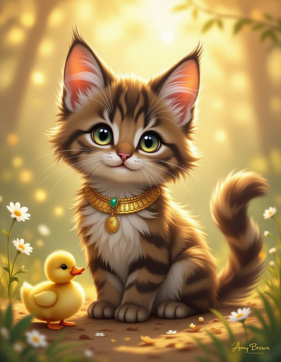 Cute Bastet Kitten in Magical Forest, Dreamy Art